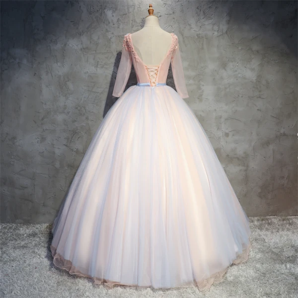 Chic / Beautiful Pearl Pink Prom Dresses 2018 Ball Gown Appliques Pearl Scoop Neck Backless 3/4 Sleeve Floor-Length / Long Formal Dresses