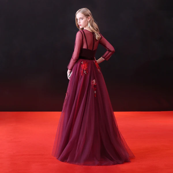 Chic / Beautiful Burgundy Prom Dresses 2018 A-Line / Princess Appliques Sash Scoop Neck Long Sleeve Ankle Length Formal Dresses