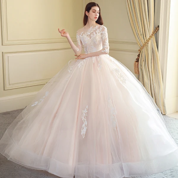 Moderne / Mode Robe De Mariée 2018 Robe Boule En Dentelle Appliques Brodé Paillettes Encolure Dégagée 3/4 Manches Royal Train Mariage