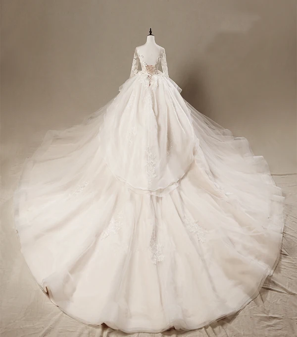 Chic / Beautiful Cascading Ruffles Wedding Dresses 2018 Ball Gown Lace Appliques Embroidered Scoop Neck Backless 3/4 Sleeve Royal Train Wedding