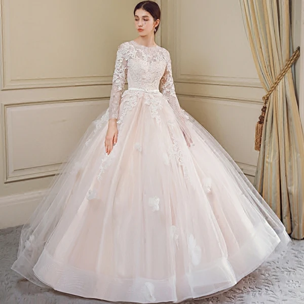 Chic / Beautiful Champagne Wedding Dresses 2018 Ball Gown Appliques Bow Scoop Neck Long Sleeve Royal Train Wedding