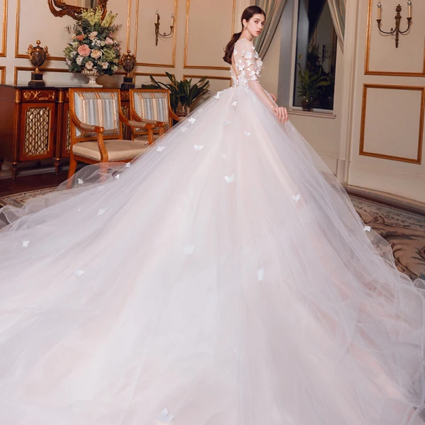 Chic / Beautiful Champagne Wedding Dresses 2018 Ball Gown Butterfly Scoop Neck Backless 1/2 Sleeves Royal Train Wedding