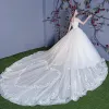 Stunning Ivory Wedding Dresses 2018 Ball Gown Lace Appliques Pearl Off-The-Shoulder Backless Sleeveless Royal Train Wedding