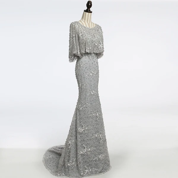 Chic / Beautiful Grey Evening Dresses 2018 Trumpet / Mermaid Beading Scoop Neck 1/2 Sleeves Sweep Train Formal Dresses