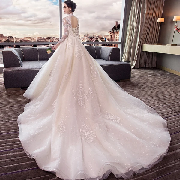 Chic / Beautiful Champagne Wedding Dresses 2018 Ball Gown Lace Appliques High Neck Backless Long Sleeve Cathedral Train Wedding