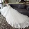 Chic / Beautiful Ivory Wedding Dresses 2018 Ball Gown Lace Appliques V-Neck Backless 1/2 Sleeves Chapel Train Wedding