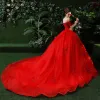 Chic / Beautiful Red Wedding Dresses 2018 Ball Gown Appliques Beading Sequins Off-The-Shoulder Backless Sleeveless Cathedral Train Wedding