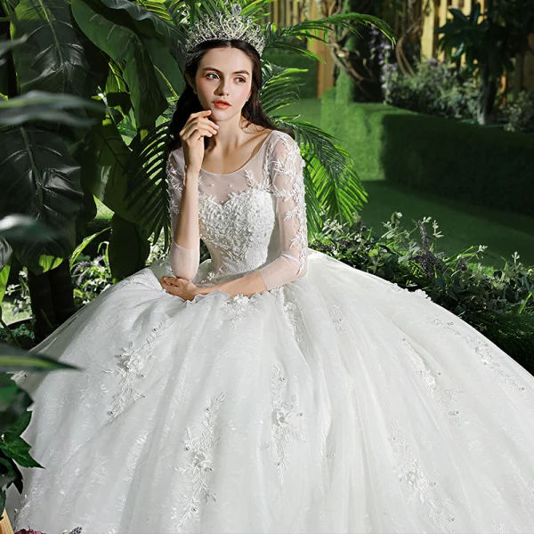Chic / Beautiful White Wedding Dresses 2018 Ball Gown Lace Flower Appliques Scoop Neck Backless Cathedral Train 3/4 Sleeve Wedding