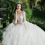 Chic / Beautiful White Wedding Dresses 2018 Ball Gown Lace Flower Appliques Scoop Neck Backless Cathedral Train 3/4 Sleeve Wedding
