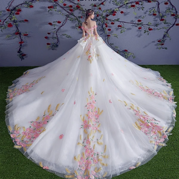 Chic / Belle Multi-Couleurs Robe De Mariée 2018 Robe Boule Appliques Cristal De l'épaule Dos Nu Sans Manches Royal Train Mariage