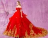 Chic / Beautiful Red Gold Cascading Ruffles Wedding Dresses 2018 Ball Gown Appliques Lace Crystal Off-The-Shoulder Backless Sleeveless Cathedral Train Wedding