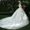 Chic / Beautiful White Wedding Dresses 2018 Ball Gown Appliques Rhinestone Off-The-Shoulder Backless Sleeveless Royal Train Wedding