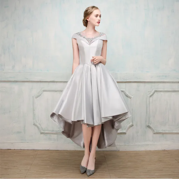 Chic / Beautiful Cocktail Dresses 2017 A-Line / Princess Lace Flower Beading Crystal Scoop Neck Cap Sleeves Asymmetrical Formal Dresses
