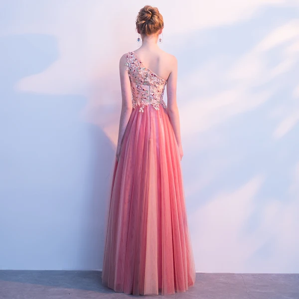 Chic / Beautiful Watermelon Prom Dresses 2018 A-Line / Princess Lace Appliques Pearl One-Shoulder Backless Sleeveless Floor-Length / Long Formal Dresses