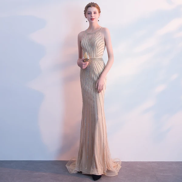 Luxury / Gorgeous Champagne Evening Dresses 2018 Trumpet / Mermaid Rhinestone Scoop Neck Sleeveless Sweep Train Formal Dresses