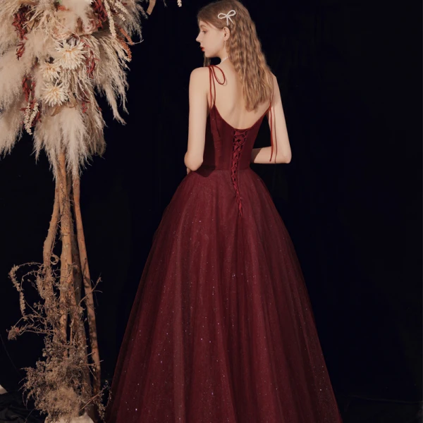 Sexy Burgundy Evening Dresses 2021 Beading Sequins Tulle Spaghetti Straps Sleeveless Backless A-Line / Princess Floor-Length / Long Evening Party Formal Dresses