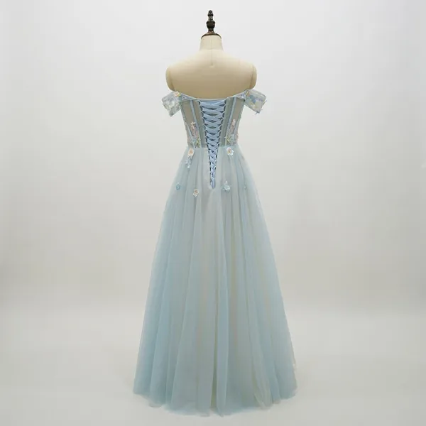 Chic / Beautiful Sky Blue Prom Dresses 2018 A-Line / Princess Lace Flower Appliques Pearl Off-The-Shoulder Backless Short Sleeve Floor-Length / Long Formal Dresses