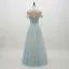 Chic / Beautiful Sky Blue Prom Dresses 2018 A-Line / Princess Lace Flower Appliques Pearl Off-The-Shoulder Backless Short Sleeve Floor-Length / Long Formal Dresses