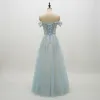 Chic / Beautiful Sky Blue Prom Dresses 2018 A-Line / Princess Lace Flower Appliques Pearl Off-The-Shoulder Backless Short Sleeve Floor-Length / Long Formal Dresses