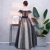 Modern / Fashion Black Prom Dresses 2018 A-Line / Princess Spotted Off-The-Shoulder Backless Short Sleeve Floor-Length / Long Formal Dresses
