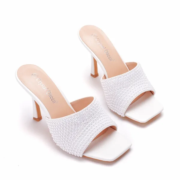 Chic / Beautiful White Cocktail Party Pearl Rhinestone Womens Sandals 2021 9 cm Stiletto Heels Open / Peep Toe Sandals