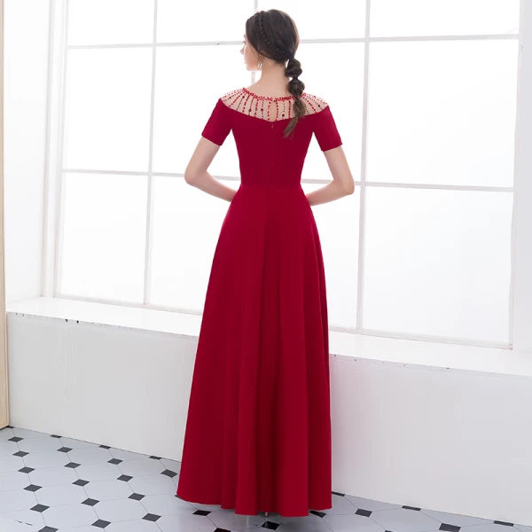 Chic / Belle Bordeaux Robe De Soirée 2018 Princesse Volants Cristal Encolure Dégagée Manches Courtes Longue Robe De Ceremonie