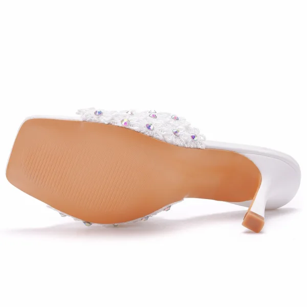 Fashion White Cocktail Party Lace Flower Rhinestone Womens Sandals 2021 9 cm Stiletto Heels Open / Peep Toe Sandals High Heels
