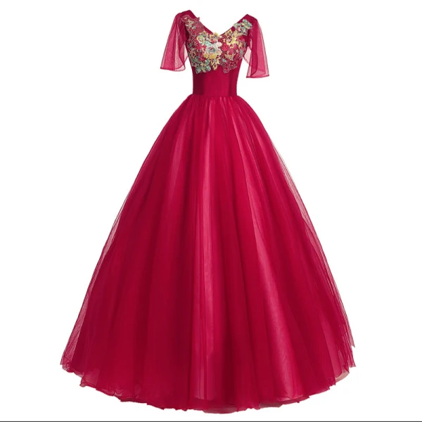 Affordable Burgundy Prom Dresses 2018 Ball Gown Lace Appliques Rhinestone V-Neck Backless Short Sleeve Floor-Length / Long Formal Dresses