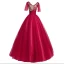 Affordable Burgundy Prom Dresses 2018 Ball Gown Lace Appliques Rhinestone V-Neck Backless Short Sleeve Floor-Length / Long Formal Dresses