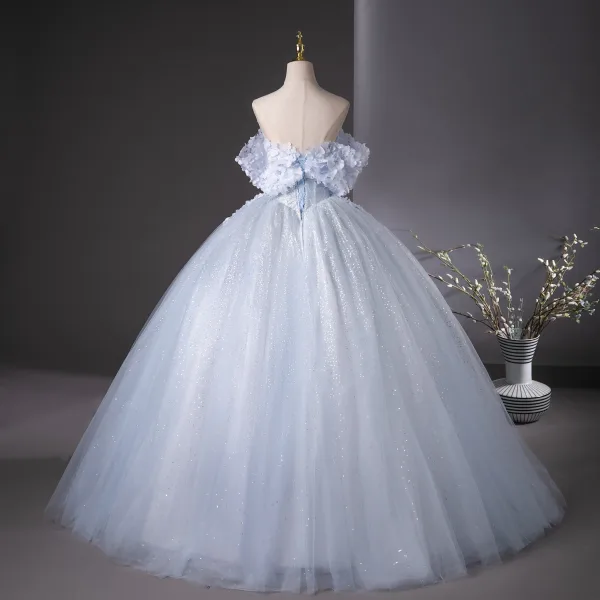 Chic / Beautiful Sky Blue Glitter Appliques Prom Dresses 2025 Ball Gown Off-The-Shoulder Short Sleeve Backless Floor-Length / Long Prom Formal Dresses