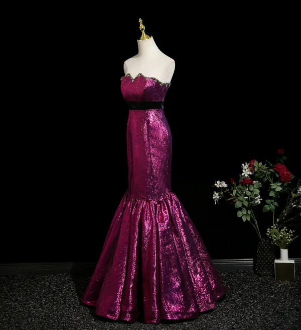 Sexy Purple Rhinestone Evening Dresses 2025 Trumpet / Mermaid Strapless Sleeveless Backless Floor-Length / Long Formal Dresses