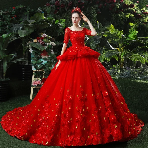 Schöne Rot Brautkleider 2018 Ballkleid Perlenstickerei Applikationen Perle Pailletten Eckiger Ausschnitt Rückenfreies Kurze Ärmel Kathedrale Schleppe Hochzeit