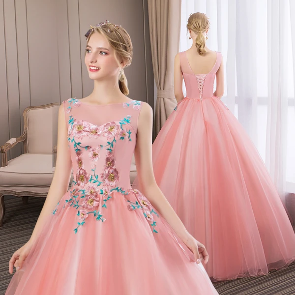 Abordable Rose Bonbon Robe De Bal 2018 Robe Boule En Dentelle Fleur Faux Diamant Encolure Dégagée Sans Manches Dos Nu Longue Robe De Ceremonie