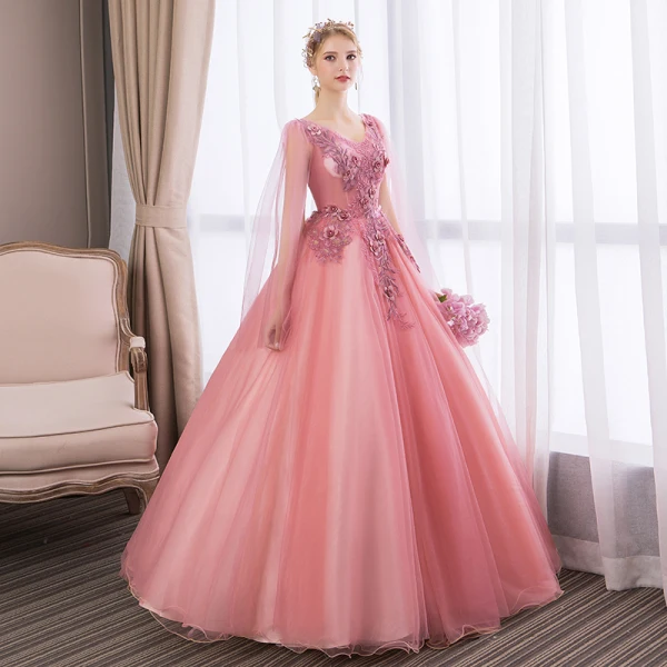 Abordable Rose Bonbon Robe De Bal 2018 Robe Boule En Dentelle Fleur Appliques Perle Faux Diamant V-Cou Dos Nu Manches Longues Longue Robe De Ceremonie