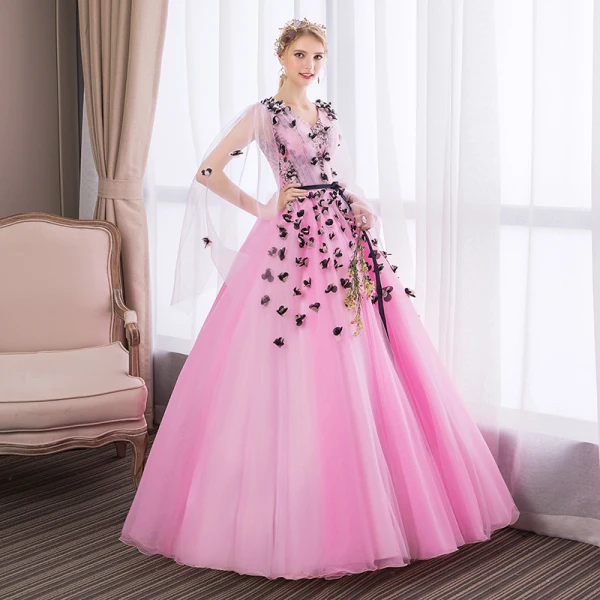 Abordable Rose Bonbon Robe De Bal 2018 Robe Boule En Dentelle Fleur Appliques Noeud V-Cou Dos Nu Manches Longues Longue Robe De Ceremonie