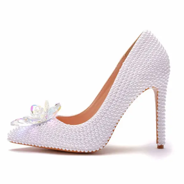 Charming Ivory Pearl Crystal Wedding Shoes 2021 11 cm Stiletto Heels Pointed Toe Wedding Pumps High Heels