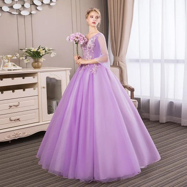 Affordable Lilac Prom Dresses 2018 Ball Gown Lace Flower Pearl Rhinestone V-Neck Backless 3/4 Sleeve Floor-Length / Long Formal Dresses
