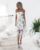 Modern / Fashion White Dating Maxi Dresses 2018 A-Line / Princess Printing Off-The-Shoulder Short Sleeve Tea-length Womens Clothing