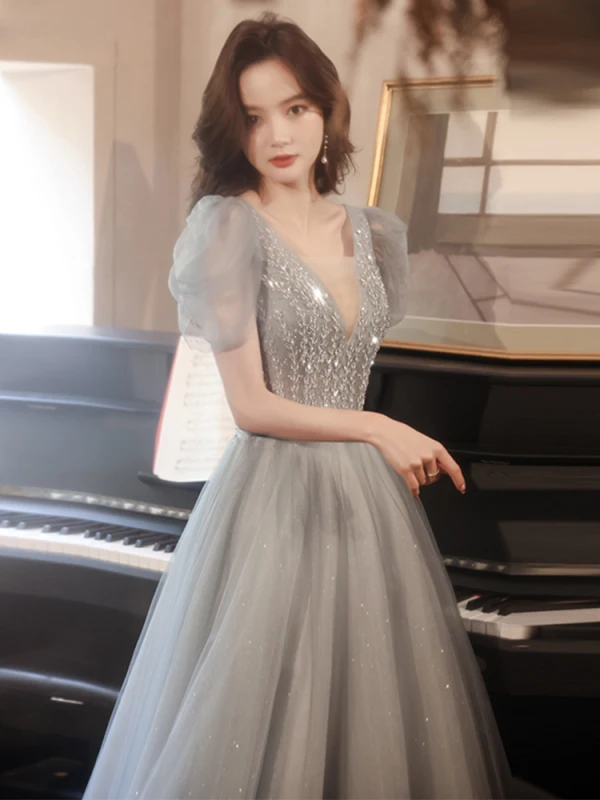 Charming Grey Evening Dresses Evening Dresses  2021 A-Line / Princess V-Neck Beading Short Sleeve Backless Floor-Length / Long Evening Party Formal Dresses