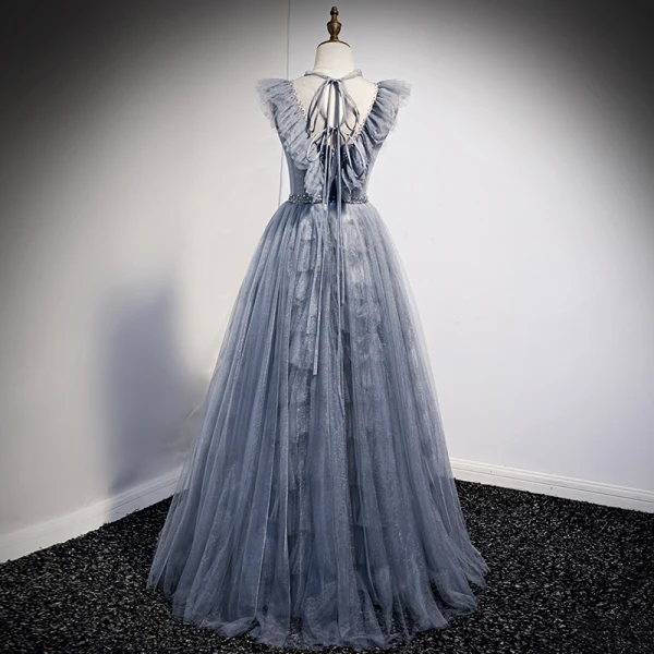 Charming Sky Blue Grey Prom Dresses 2021 A-Line / Princess Scoop Neck Ruffle Short Sleeve Beading Backless Bow Floor-Length / Long Prom Formal Dresses