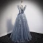 Charming Sky Blue Grey Prom Dresses 2021 A-Line / Princess Scoop Neck Ruffle Short Sleeve Beading Backless Bow Floor-Length / Long Prom Formal Dresses