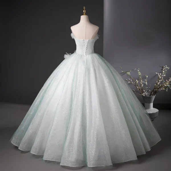 Bling Bling Mint Green Beading Sequins Pearl Lace Flower Appliques Prom Dresses 2025 Ball Gown Strapless Sleeveless Backless Floor-Length / Long Prom