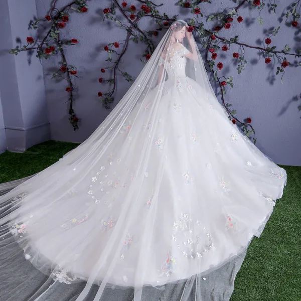 Chic / Beautiful White Wedding Dresses 2018 Ball Gown Multi-Colors Appliques Pearl Off-The-Shoulder Backless Sleeveless Cathedral Train Wedding