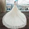 Chic / Beautiful Ivory Wedding Dresses 2018 Ball Gown Lace Appliques Scoop Neck Backless Long Sleeve Royal Train Wedding
