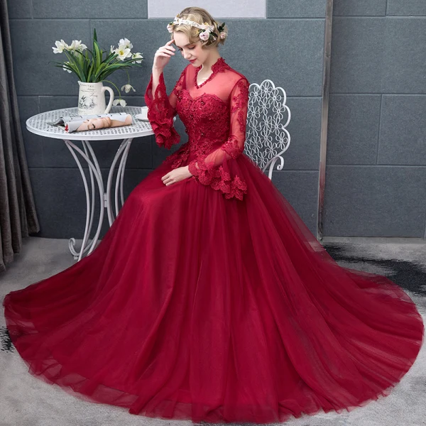 Chic / Belle Bordeaux Robe De Bal 2018 Princesse En Dentelle Appliques Perlage Cristal Encolure Dégagée Dos Nu Manches Longues Longue Robe De Ceremonie