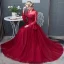 Chic / Belle Bordeaux Robe De Bal 2018 Princesse En Dentelle Appliques Perlage Cristal Encolure Dégagée Dos Nu Manches Longues Longue Robe De Ceremonie