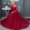Chic / Beautiful Burgundy Prom Dresses 2018 A-Line / Princess Lace Appliques Beading Crystal Scoop Neck Backless Long Sleeve Floor-Length / Long Formal Dresses