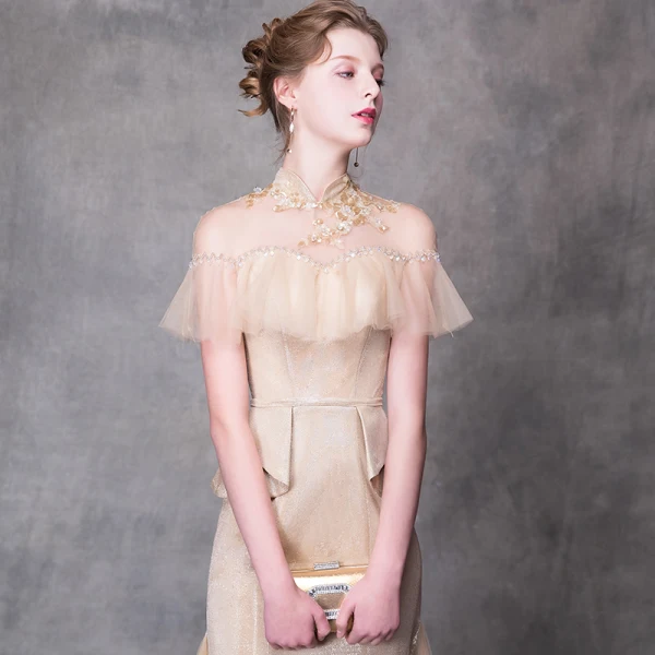 Chic / Belle Robe De Soirée 2018 Trompette / Sirène Appliques Cristal Col Haut Dos Nu Manches Courtes Longue Robe De Ceremonie