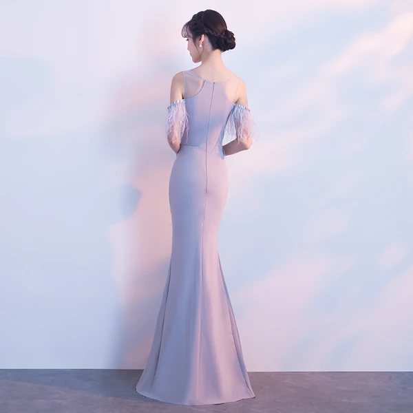 Chic / Beautiful Grey Evening Dresses  2018 Trumpet / Mermaid Feather Scoop Neck Strapless Sleeveless Floor-Length / Long Formal Dresses