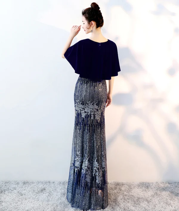 Chic / Beautiful Navy Blue Evening Dresses 2018 Trumpet / Mermaid Glitter V-Neck Short Sleeve Floor-Length / Long Formal Dresses